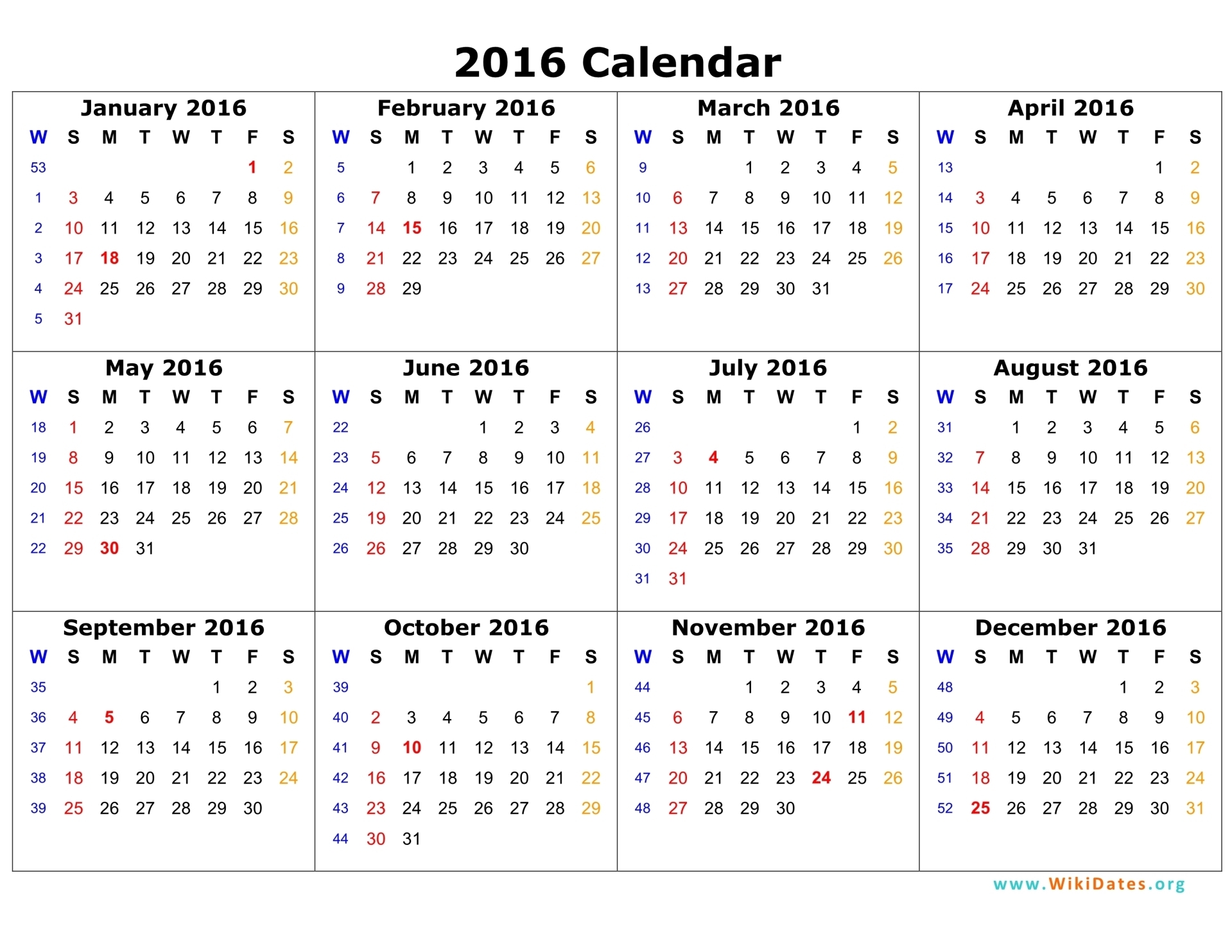 2016 Calendar Printable Org