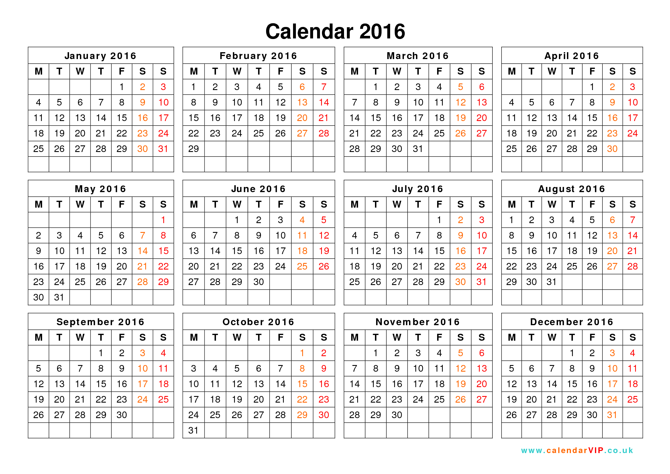 2016 Year Calendar Printable Free