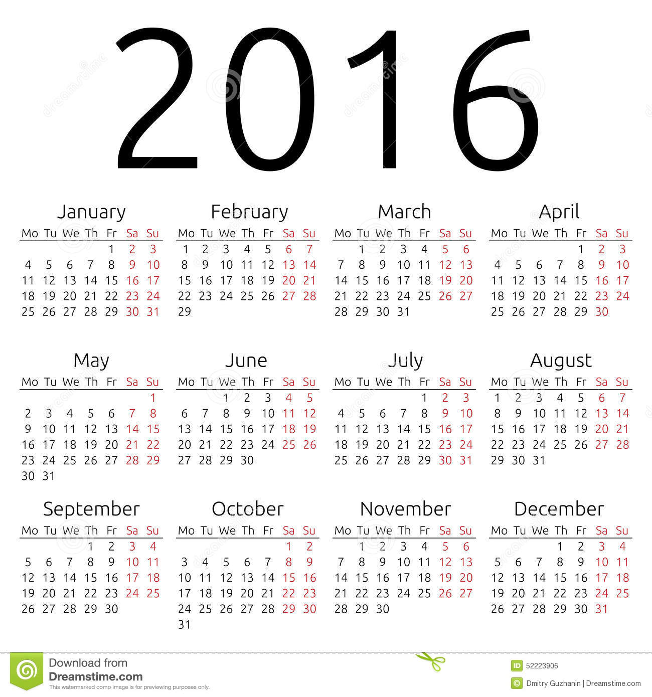 2016 Year Calendar Printable