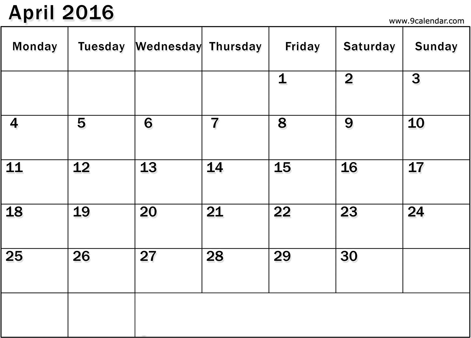 April 2016 Calendar Printable Org