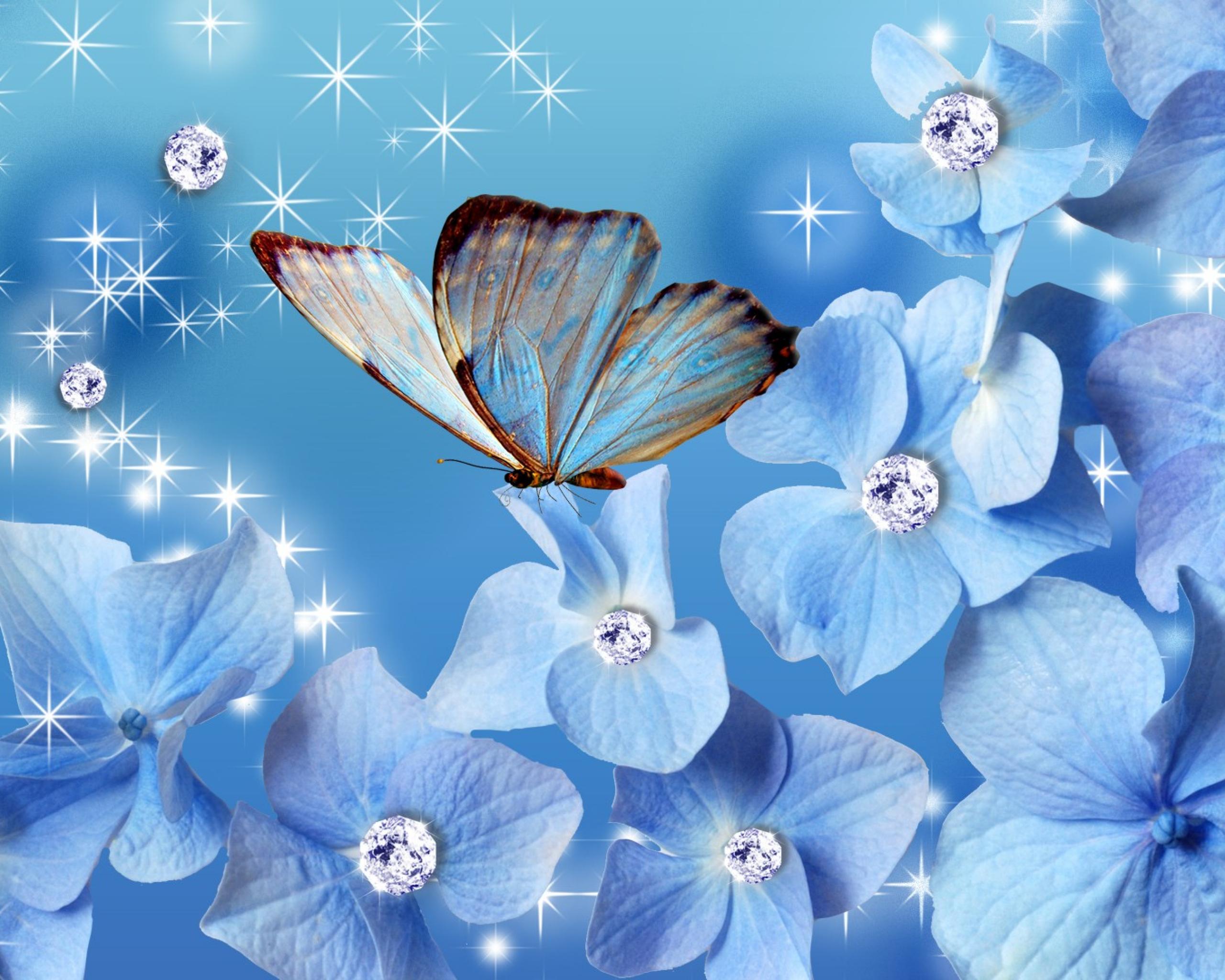 Blue Flowers and Butterflies
