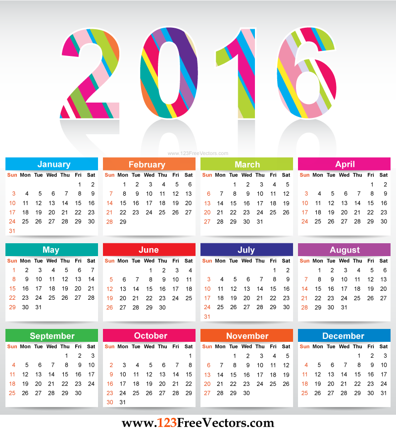 Free Colorful Printable Calendar 2016 Free Colorful Printable Calendar 2016