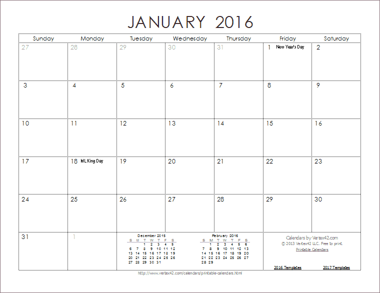 Free Printable Monthly Calendar Template 2016