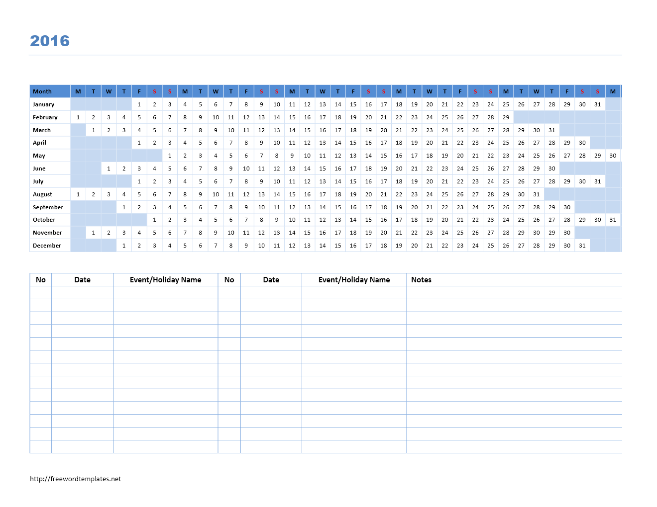 Free Word Calendar Templates 2016