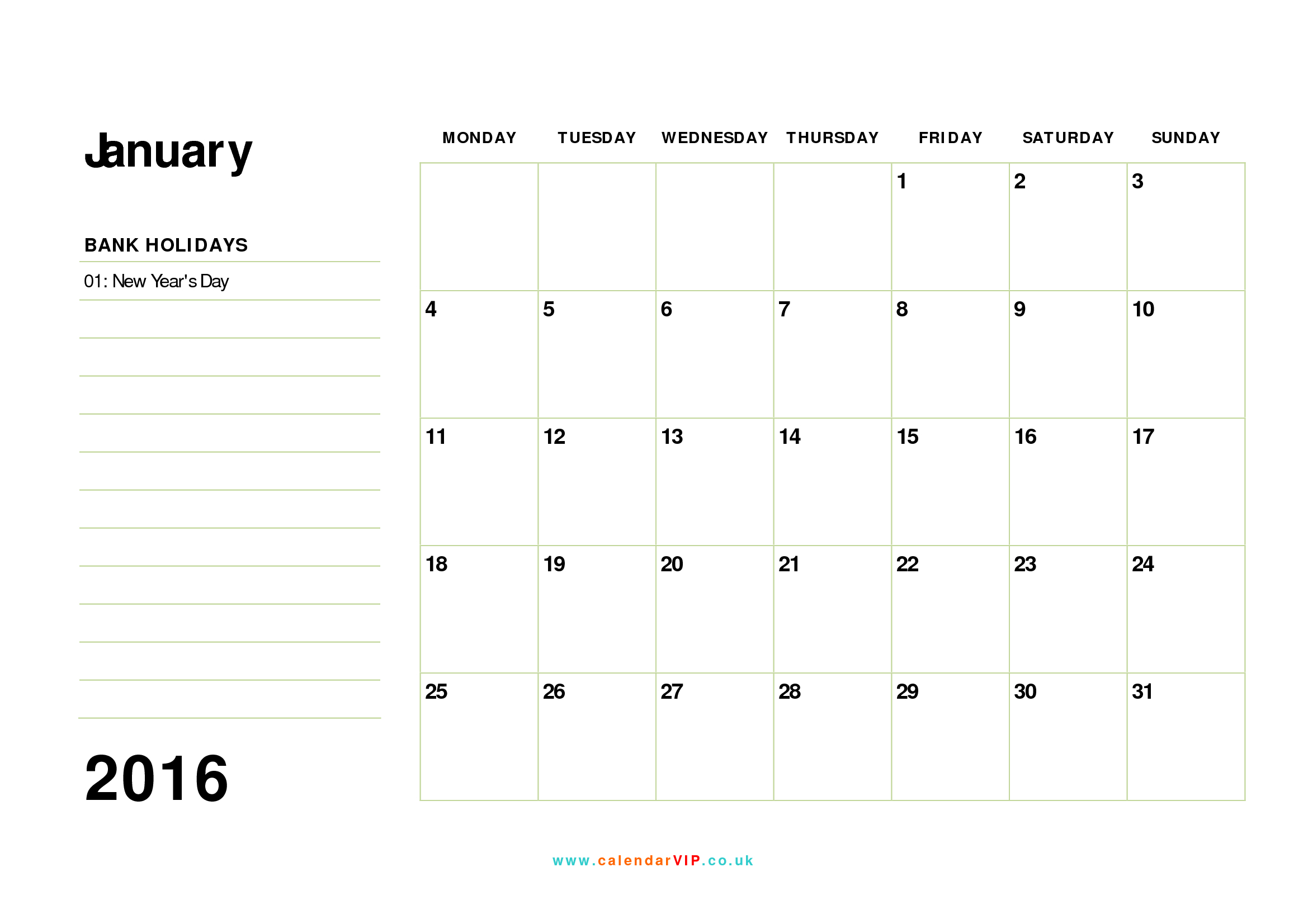 January 2016 Calendar Template Free