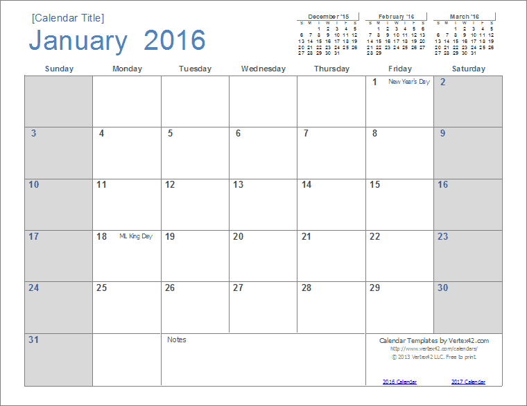 January 2016 Calendar with Holidays Template