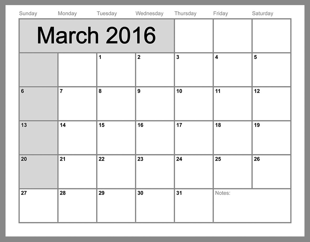 March 2016 Calendar Printable