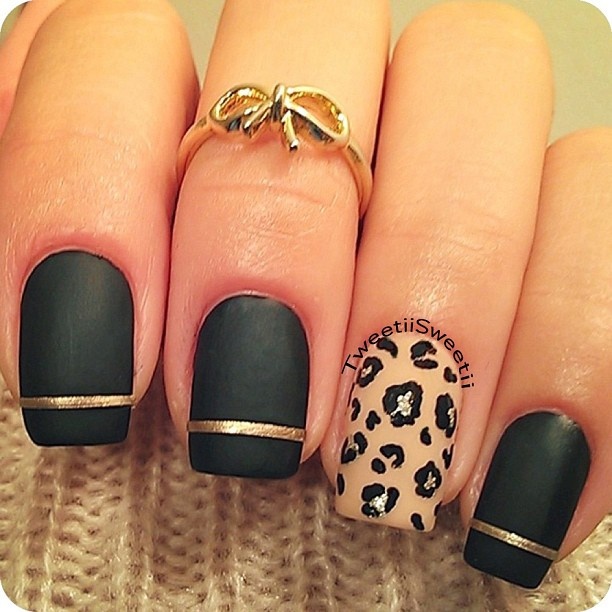 Matte Black and Cheetah Print Nails