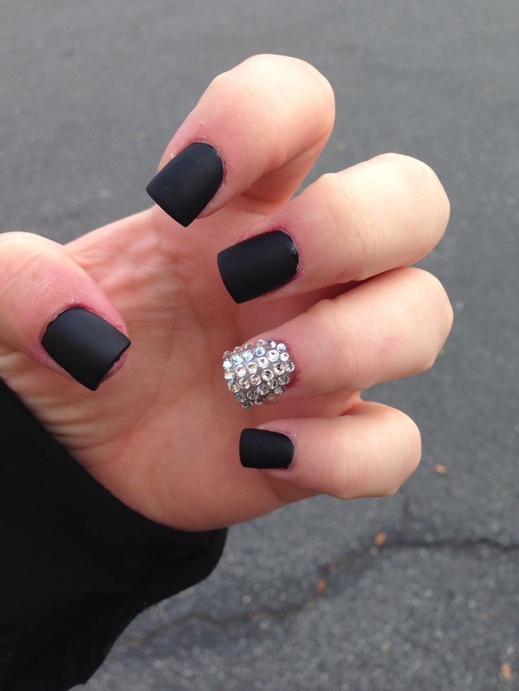 Matte Black Nails with Ring Finger Bling