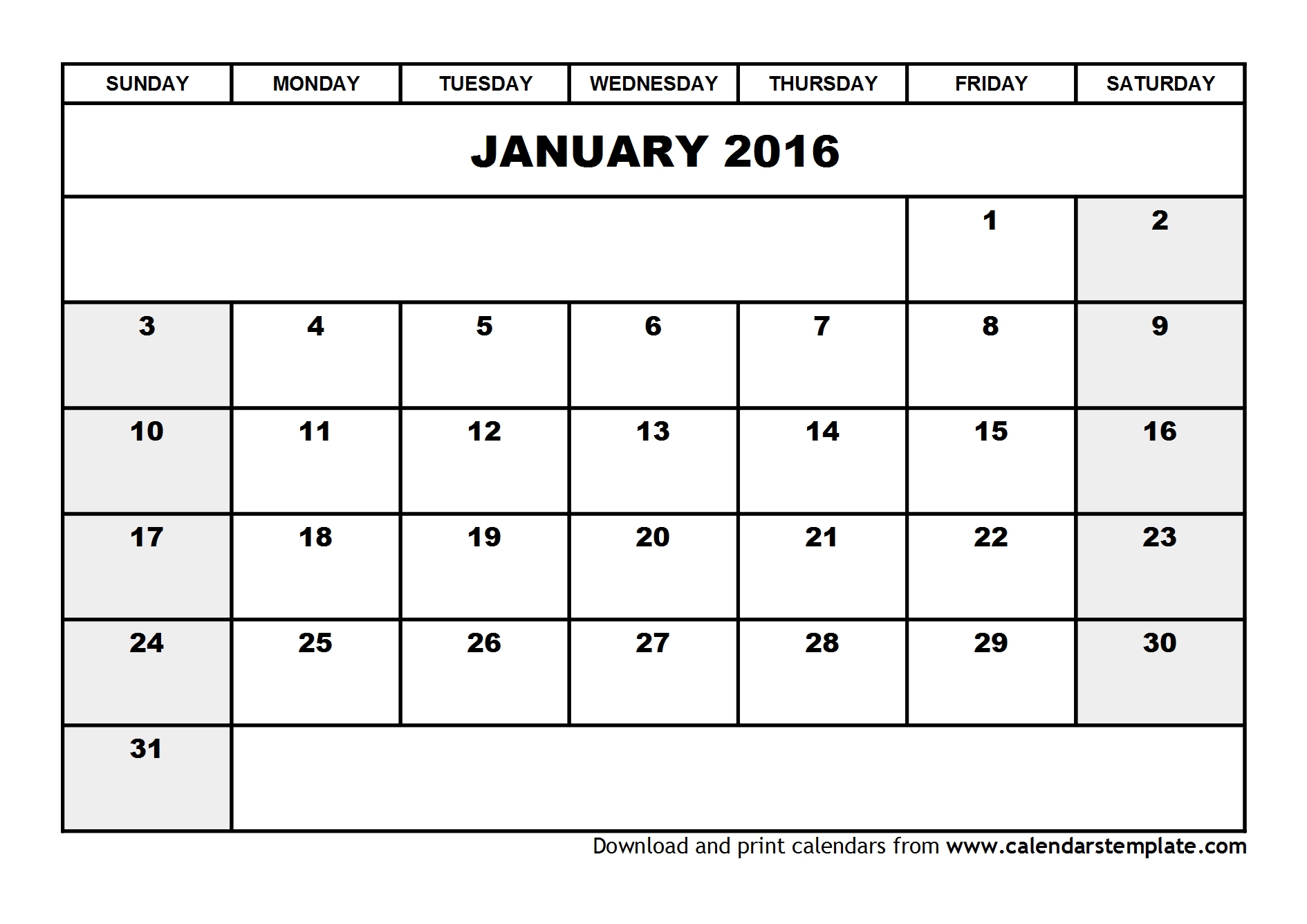 Printable Blank Calendar January 2016