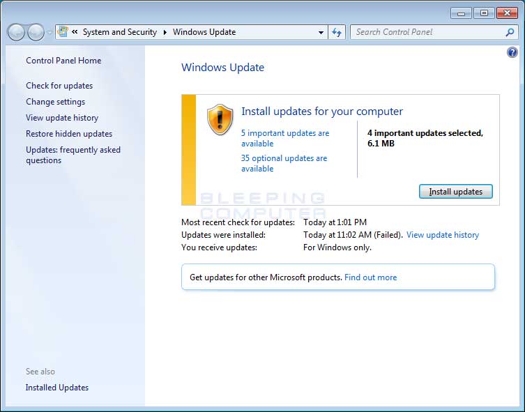 Windows 7 Update Screen
