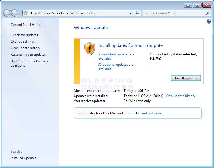 Windows 7 Update Screen Windows 7 Update Screen