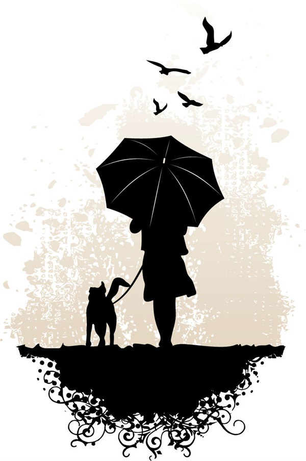Dog-Walking Umbrella Girl Silhouette