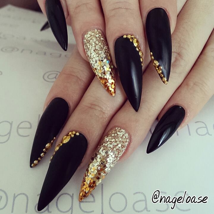 Black and Gold Stiletto Nail Designs