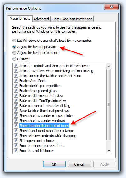 Performance Options Windows 7