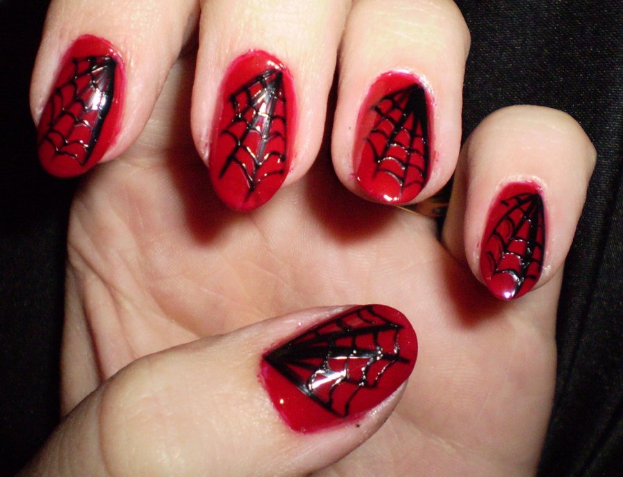 Red and Black Nail with Designs