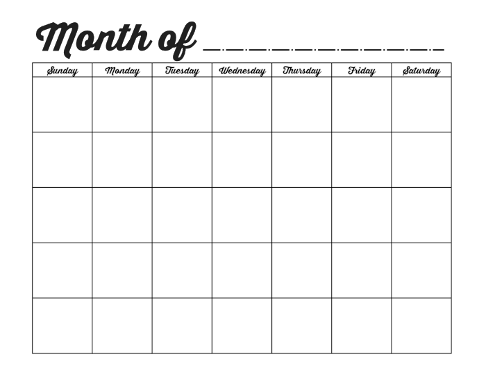 Blank Monthly Calendar Template 2015
