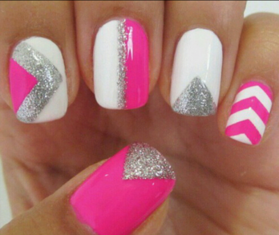 Pink White and Silver Nails