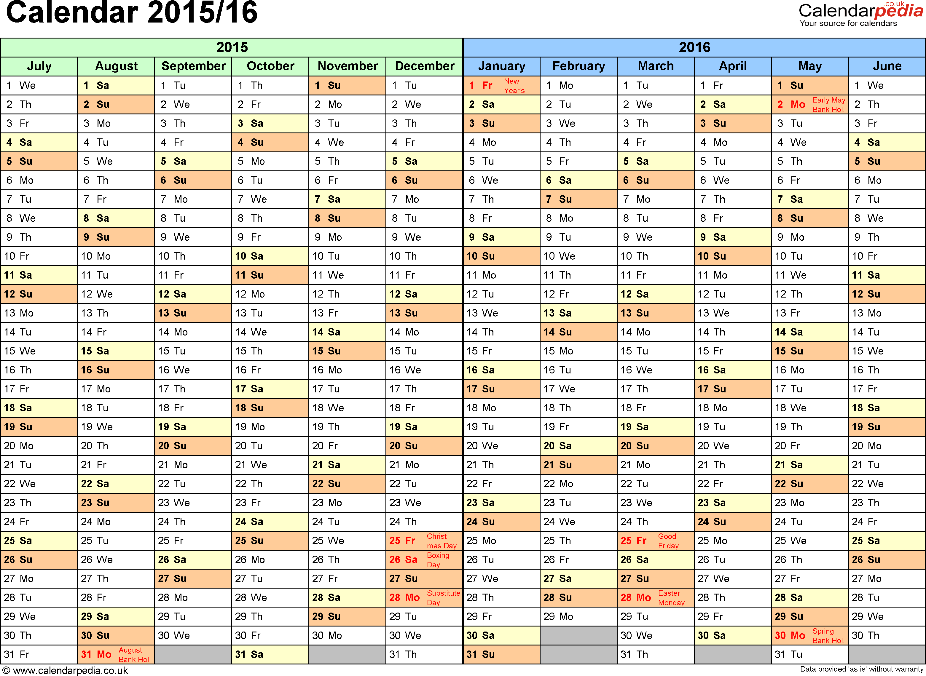 2015 2016 Split Year Calendar