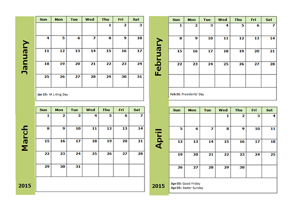 4 Month Calendar Template 2015