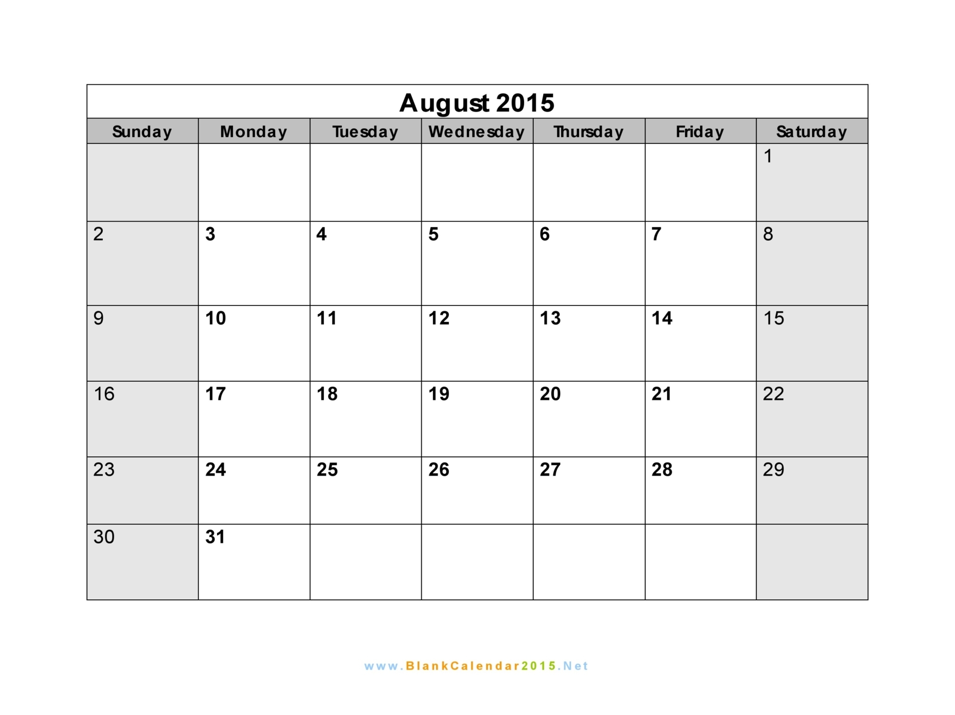 Blank Calendar August 2015