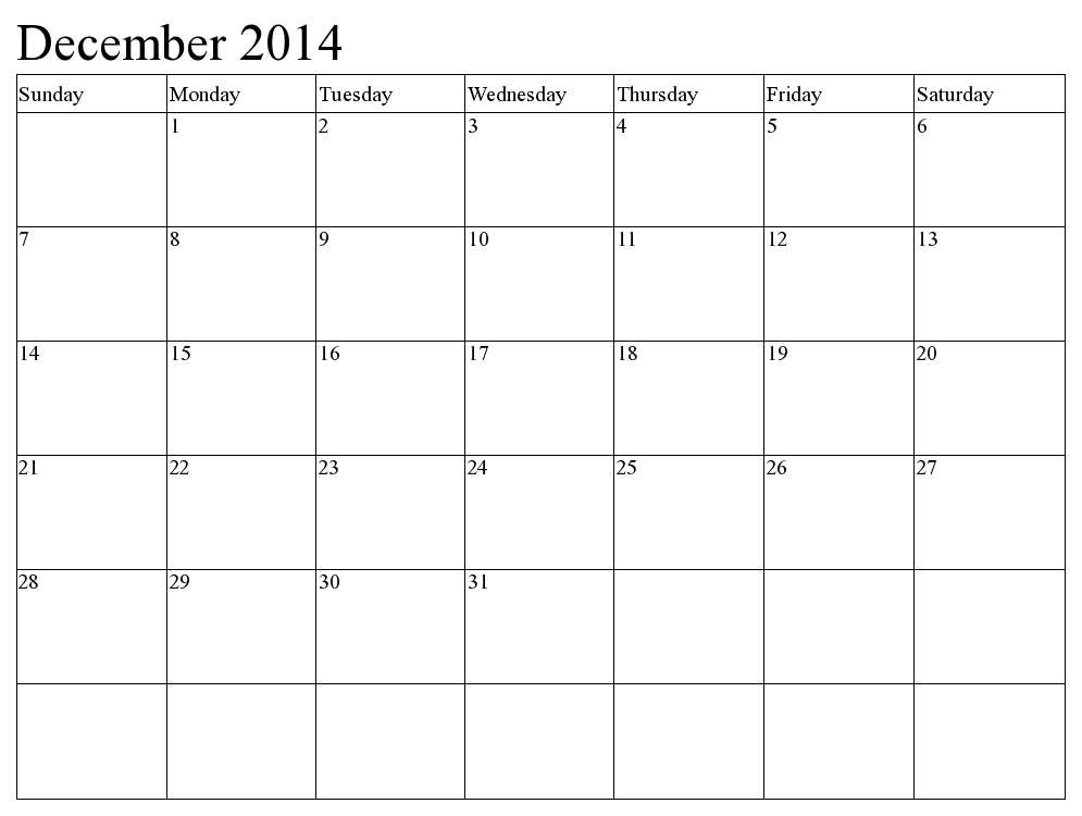 December 2014 Calendar Printable