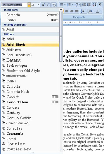 Microsoft Word Fonts List