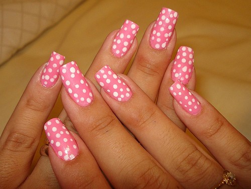Pink Nails with White Polka Dots