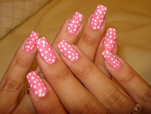 Pink Nails with White Polka Dots Pink Nails with White Polka Dots