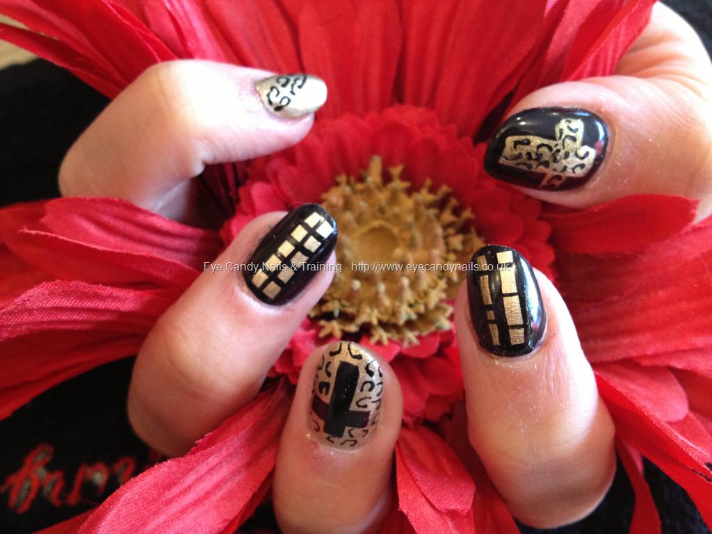 Cross Black and Gold Acrylic Nails