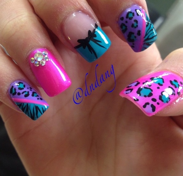 Pink Blue and Purple Nail Art