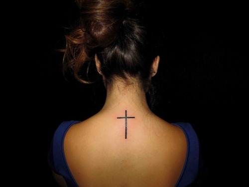 Small Cross Tattoo Back of Neck Woman