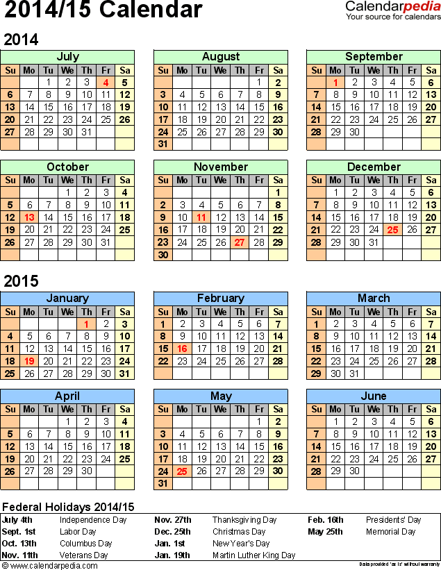 2014 2015 Printable School Year Calendar
