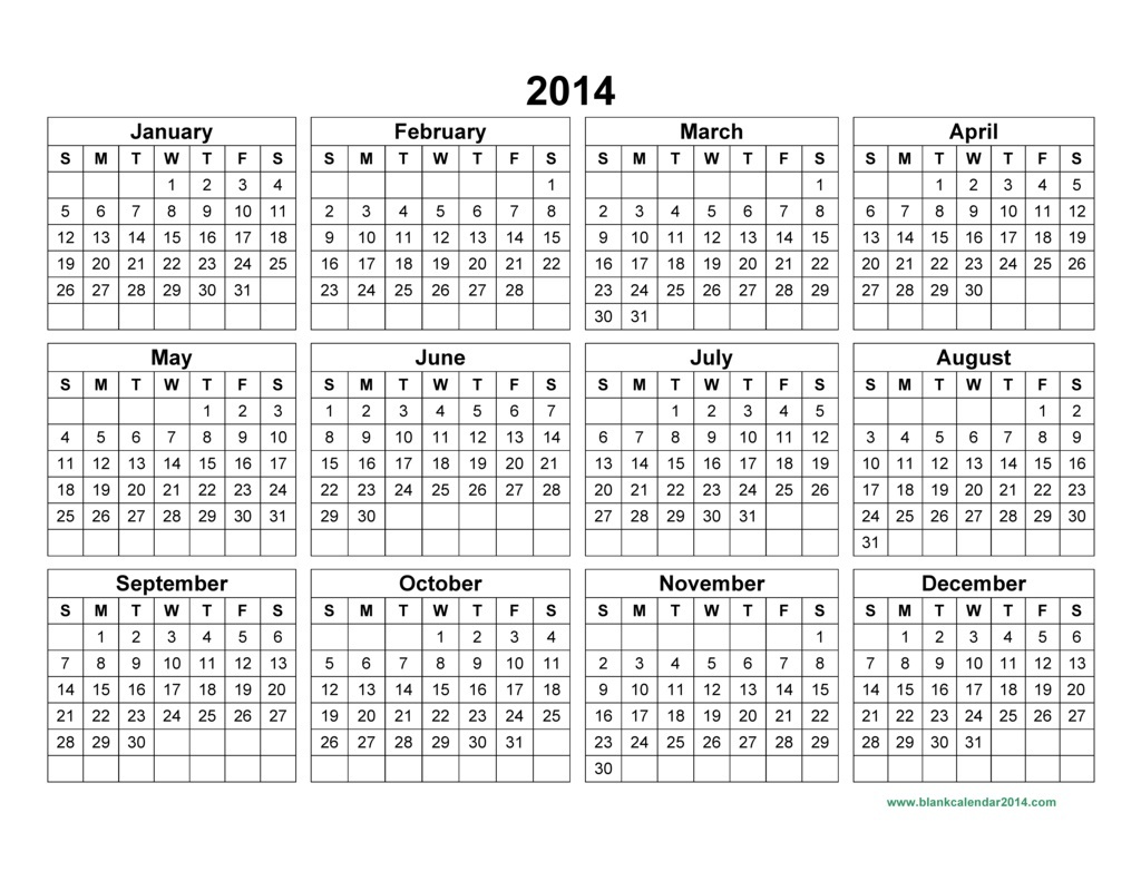 2014 Yearly Calendar Template