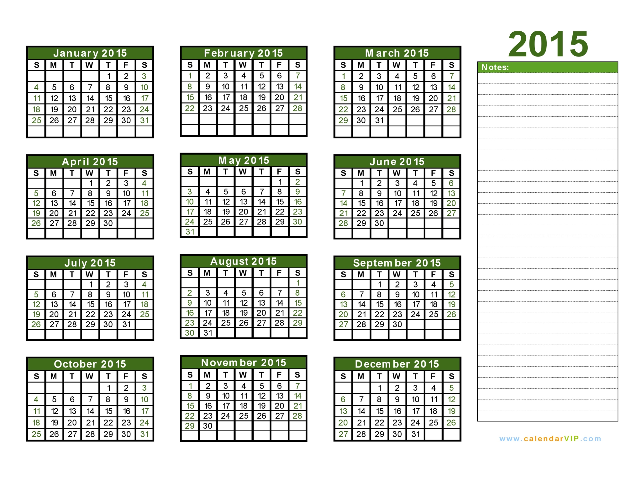 2015 Yearly Calendar Template