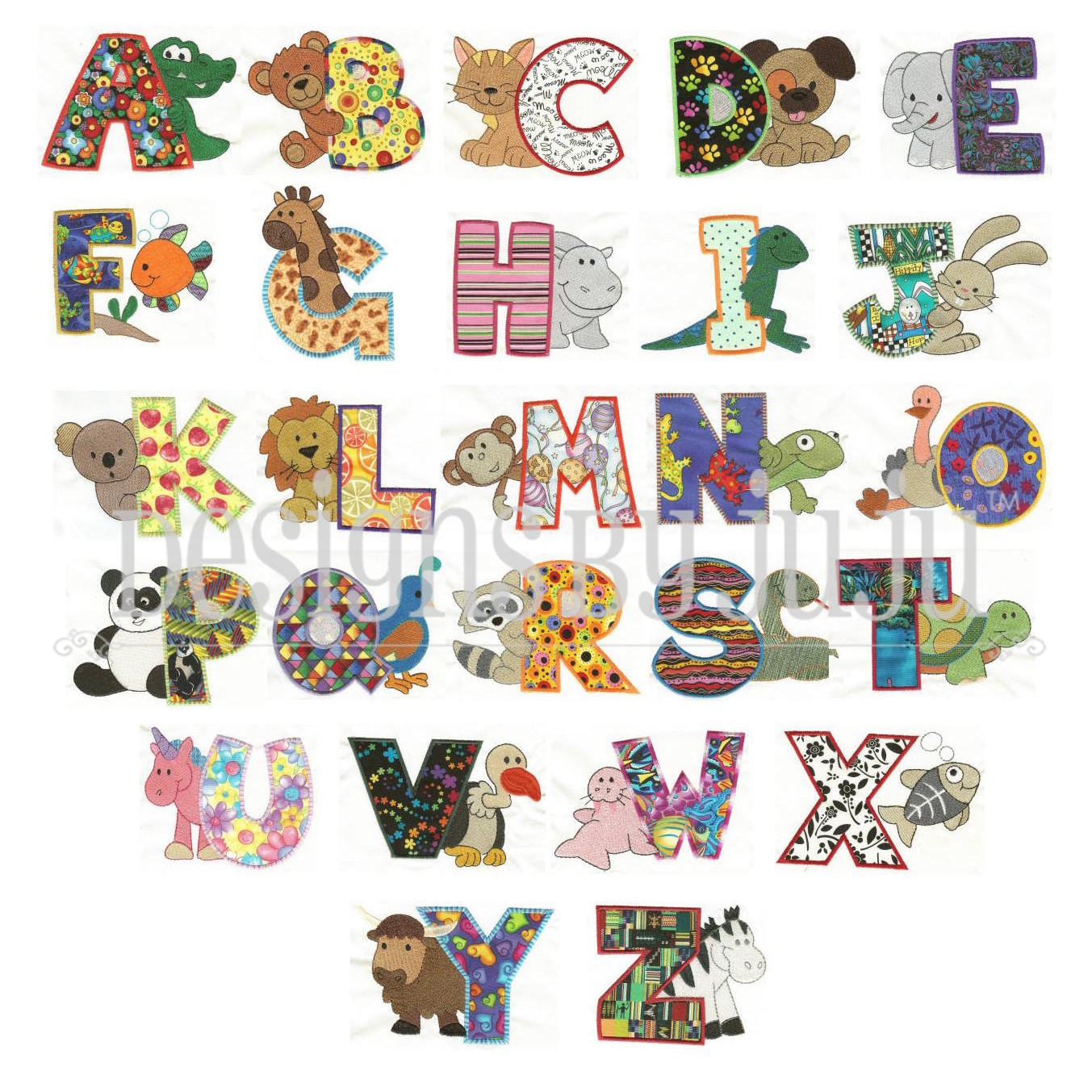 Animal Alphabet Embroidery Applique Designs
