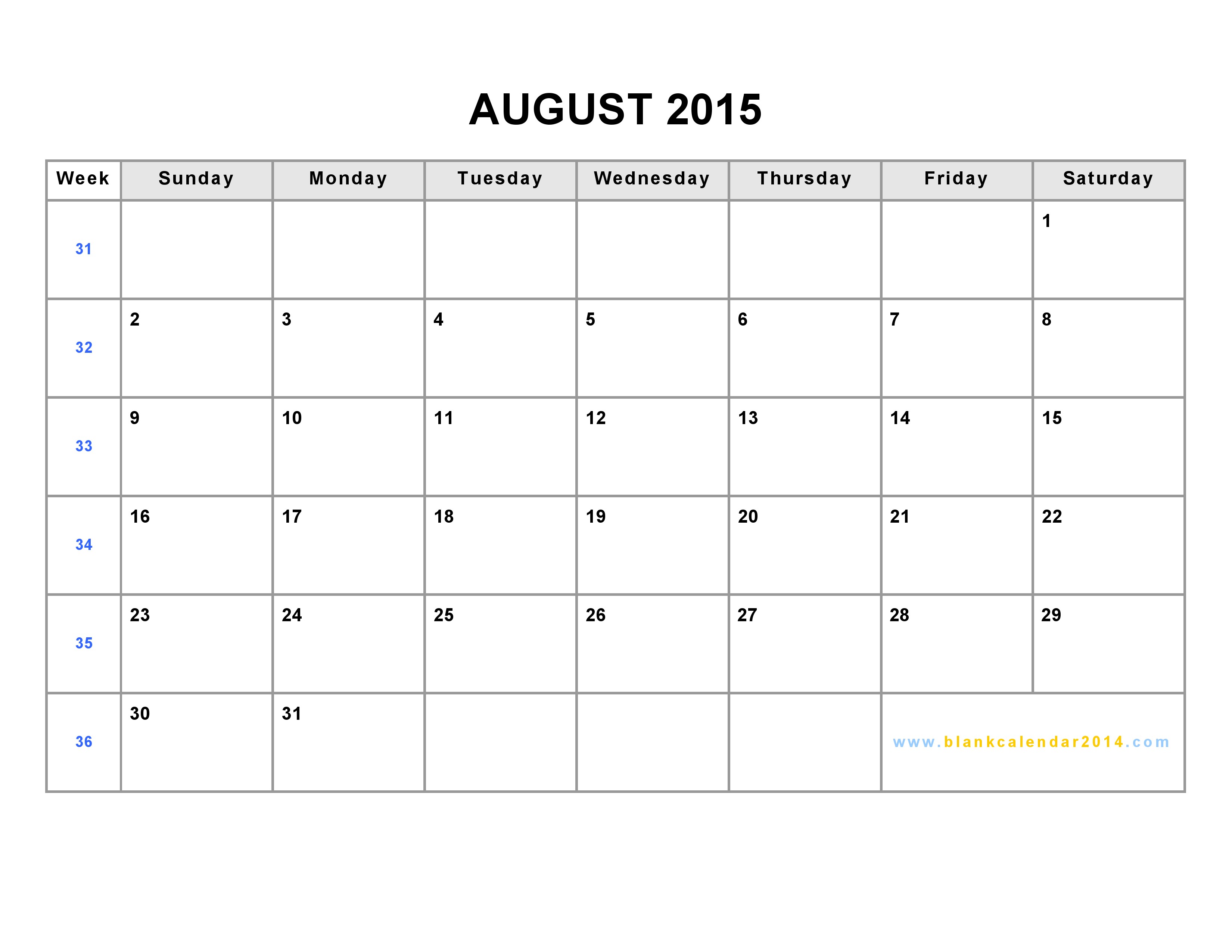 August 2015 Calendar Printable PDF August 2015 Calendar Printable PDF