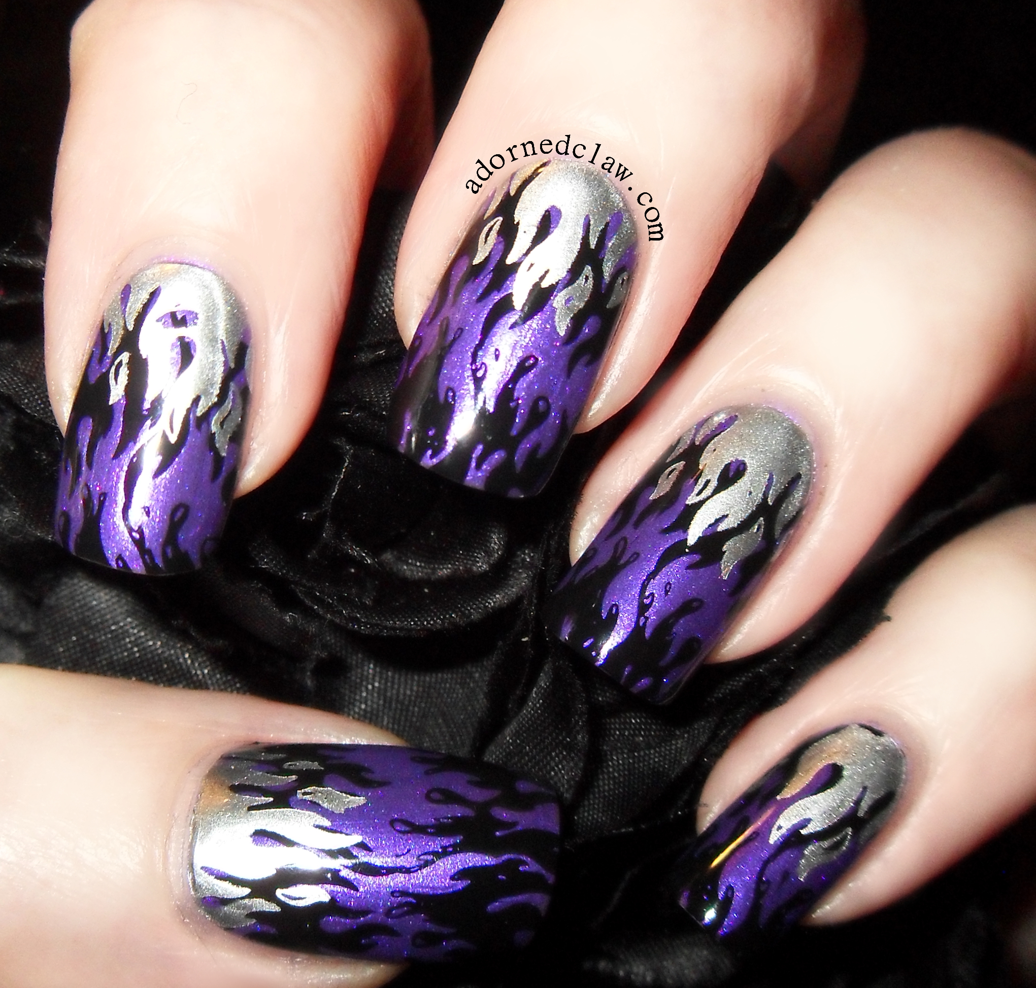 Black Purple and Silver Nail Art