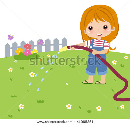 Cartoon Girl Watering Flowers