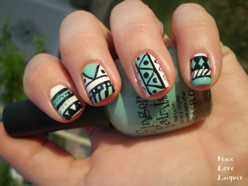 Mint and Black Tribal Nail Designs