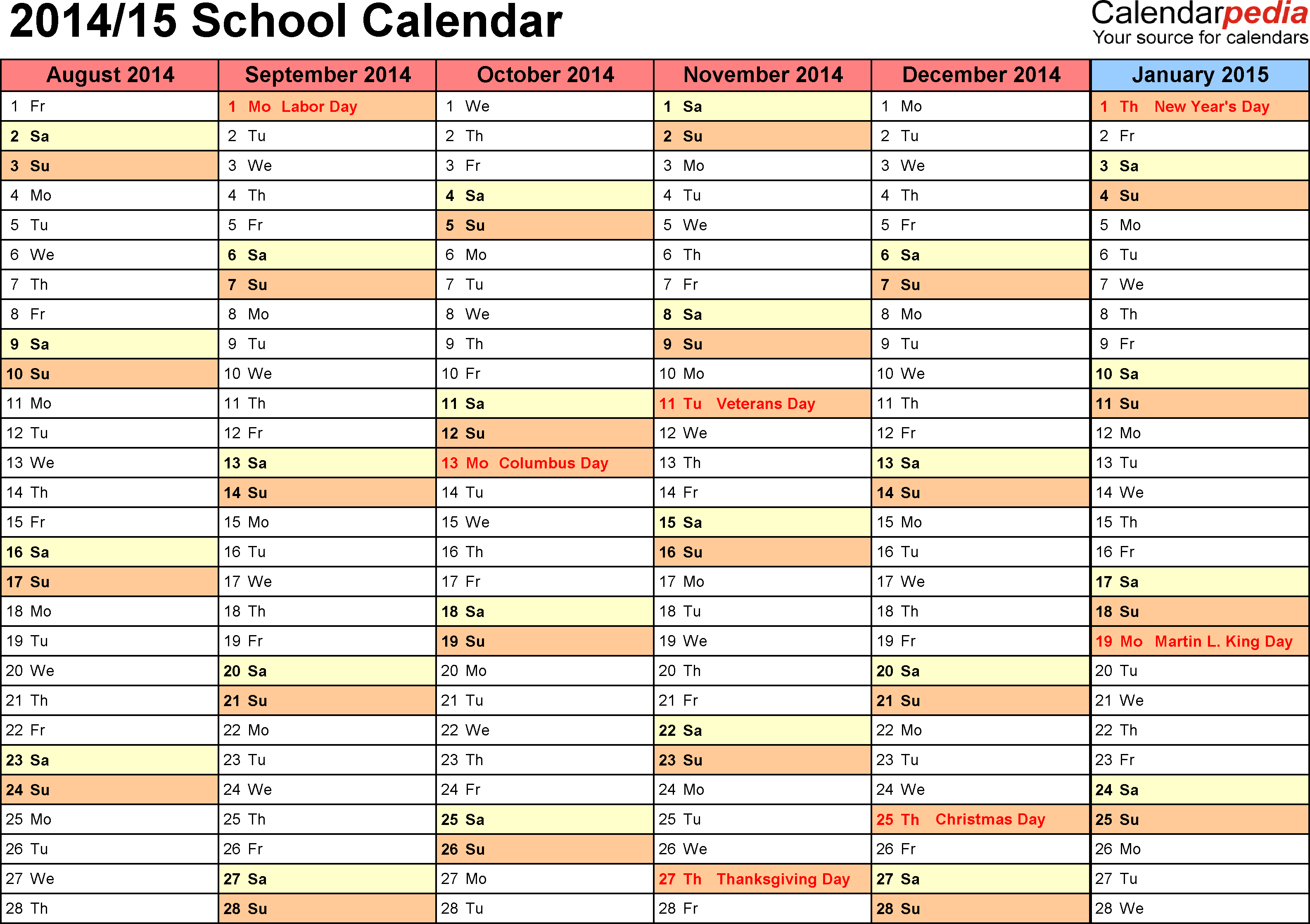 Printable School Calendar 2014 2015 Template