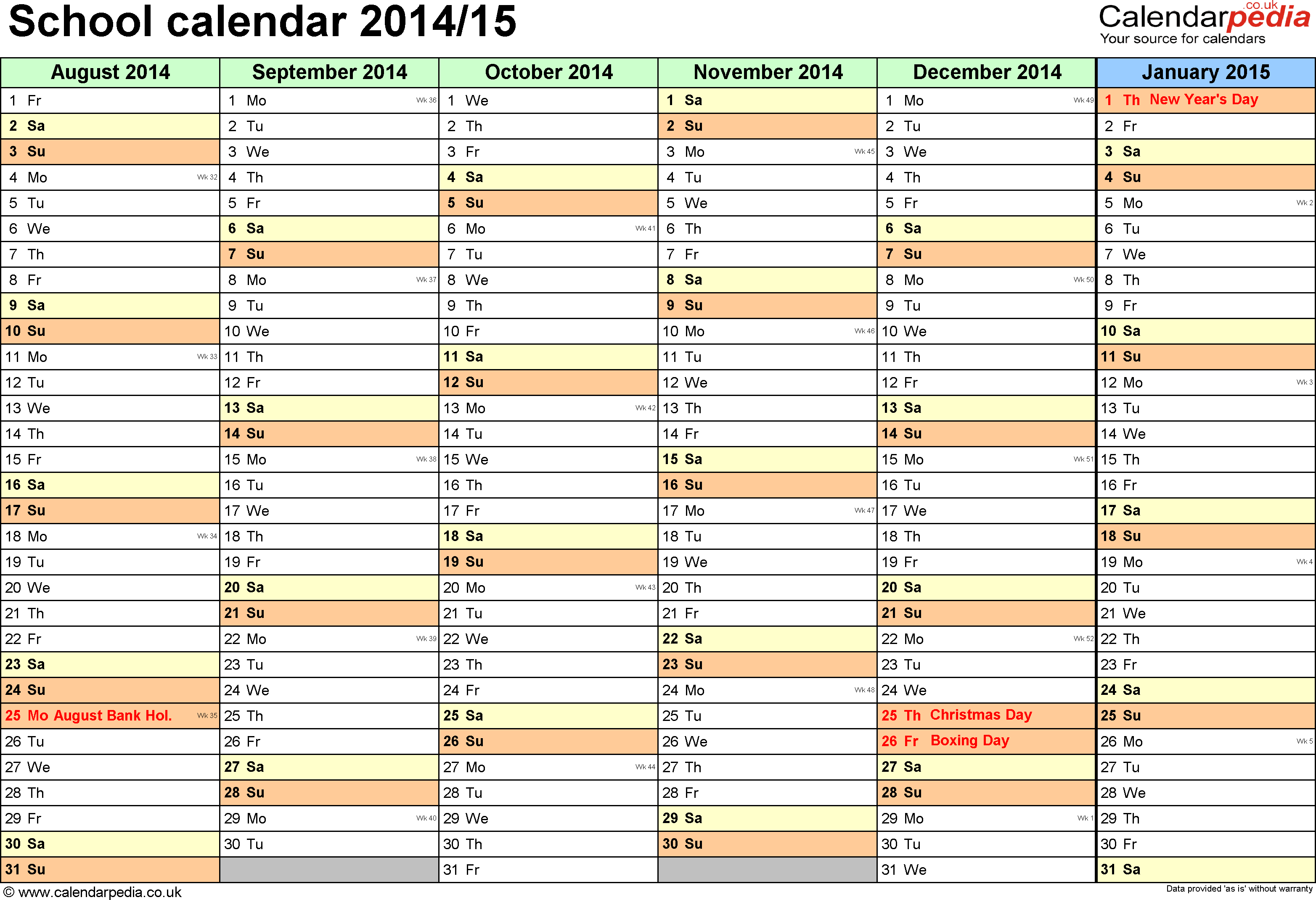 Printable School Calendar 2014 2015 Template