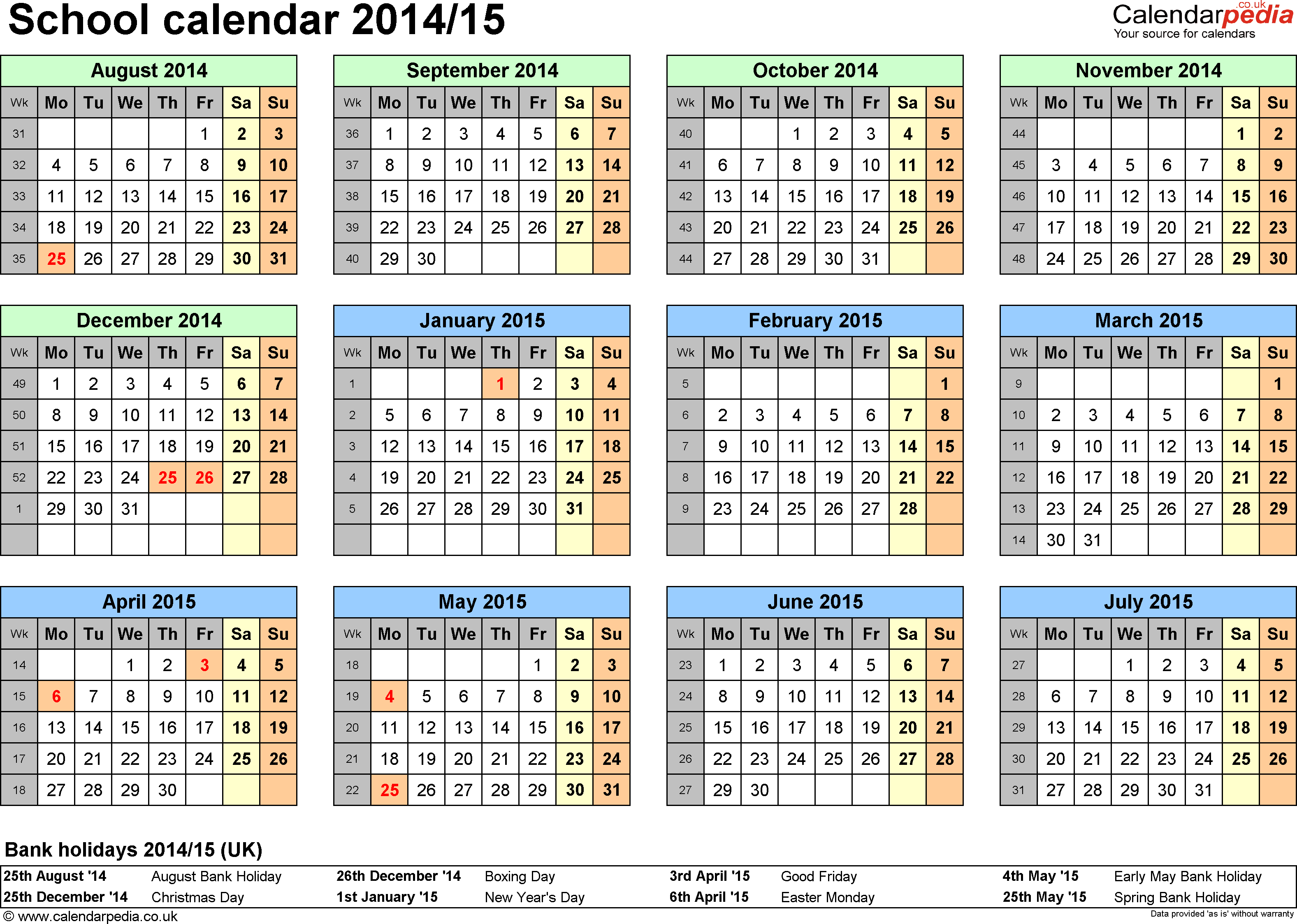 Printable School Calendars 2014 15