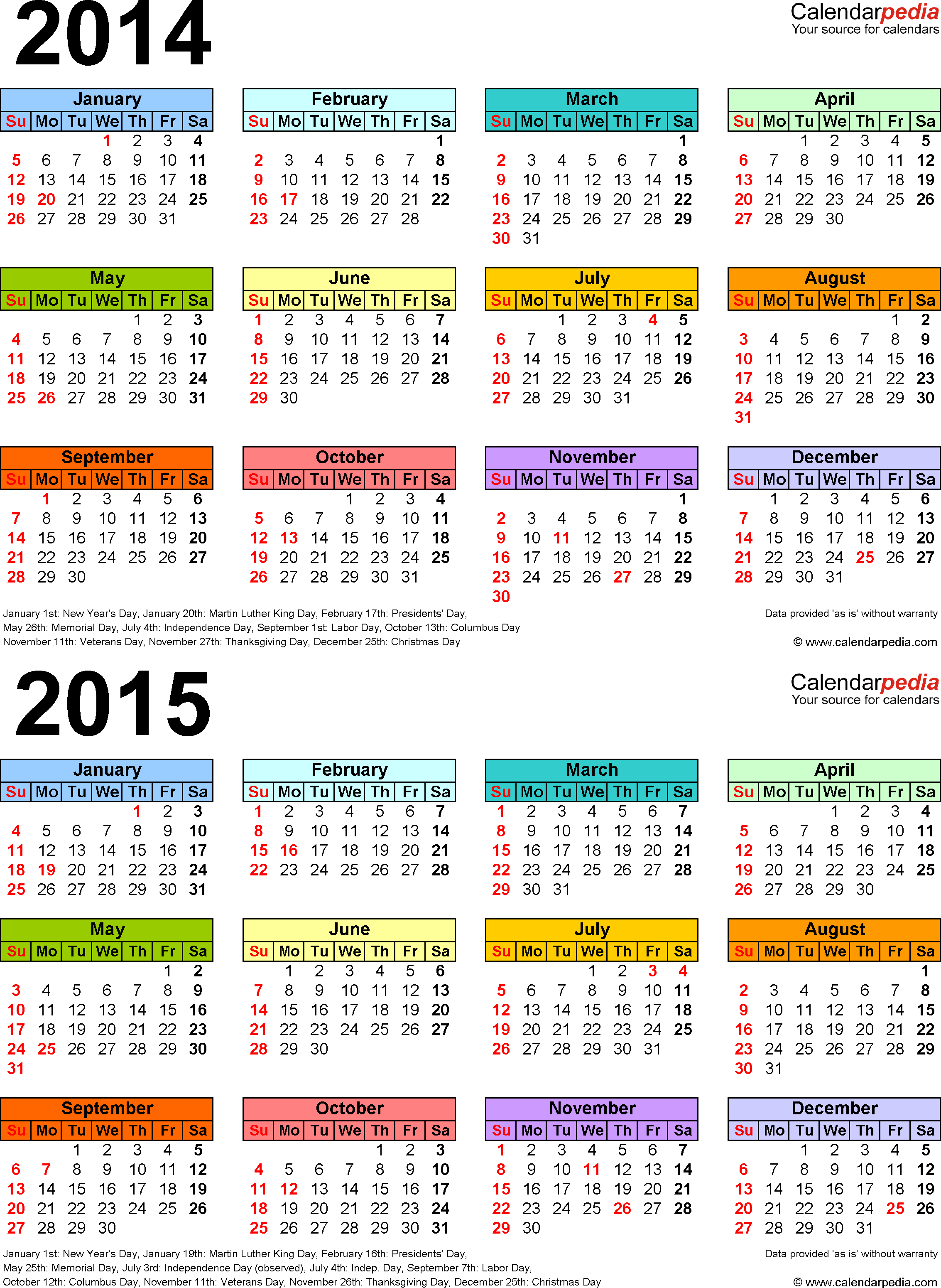 Printable Yearly Calendar 2014 2015