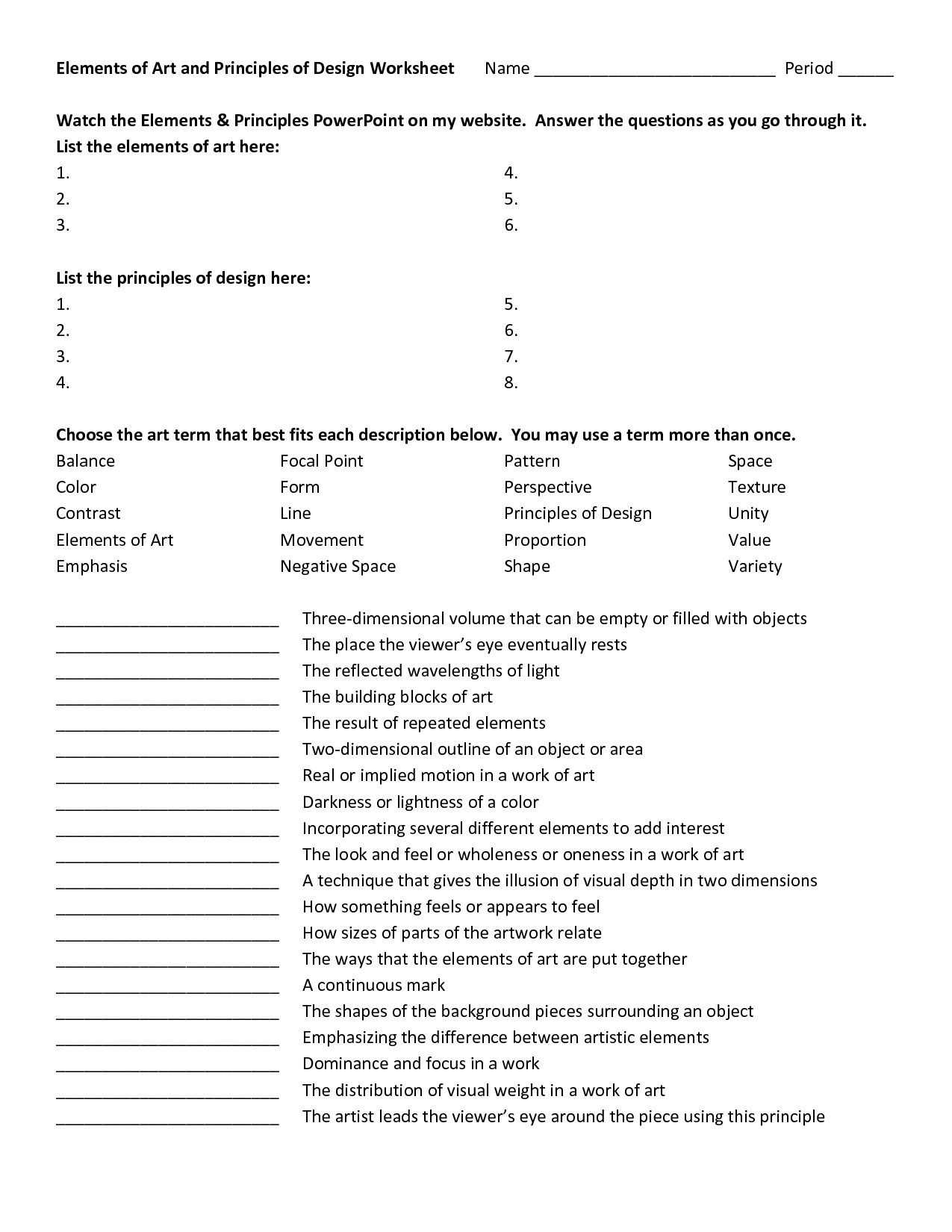 Art Elements and Principles Worksheet