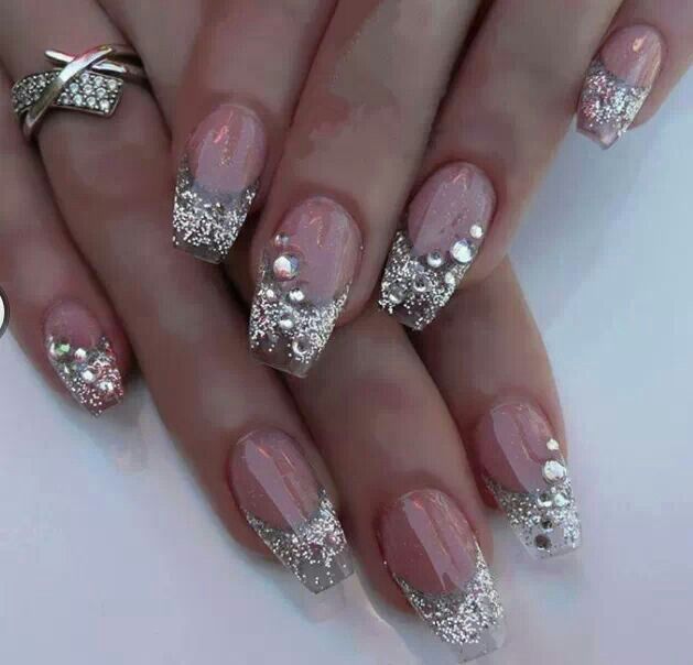 Clear Glitter Nails with Silver Design
