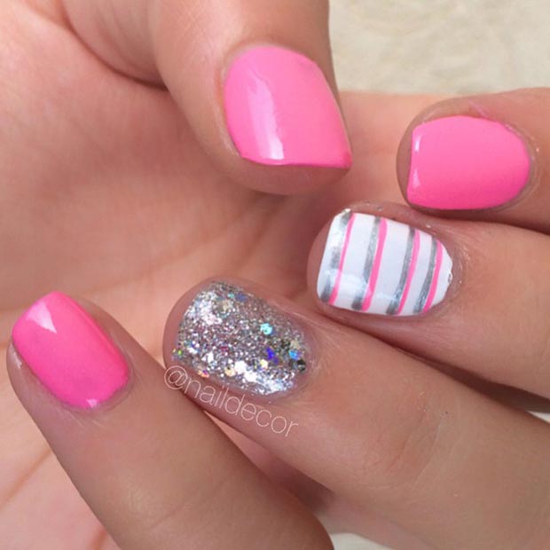 Short Pink and Silver Nail Design