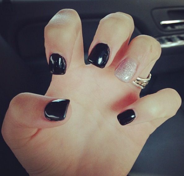 Black Acrylic Nails with Silver Ring Finger