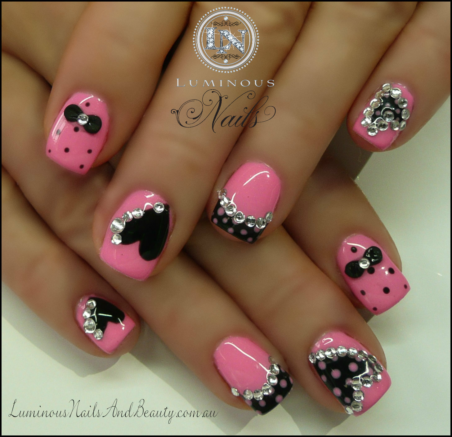 Black Nails with Pink Heart Black Nails with Pink Heart