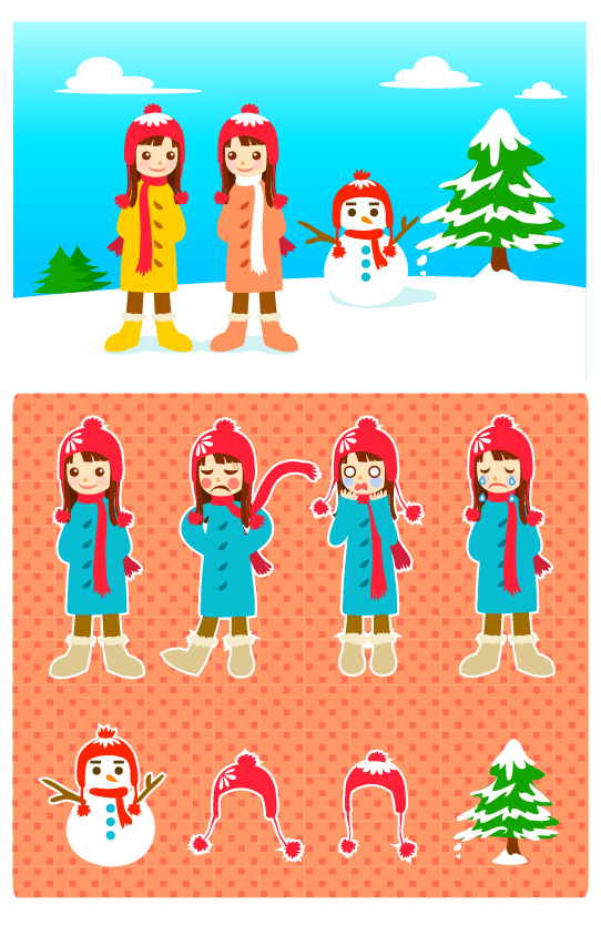 Little Girl and Snowman Cartoon